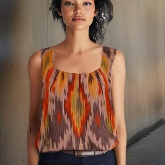 Lafayette Earthone Neutral Aztec Orange Taupe Luxury Silk Dress Shell Tank XL 14 - Picture 1 of 7